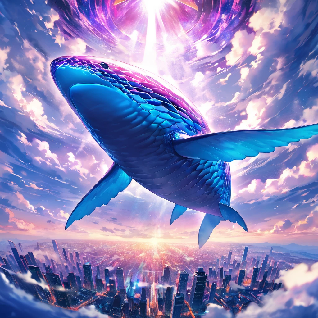 In a futuristic metropolis hovering above the clouds, a majestic whale soars through the purple and blue nebulas, its iridescent scales glistening in the radiant sunlight. A wispy mist wraps around the cityscape, as a cloud of swirling steam rises from the mystical sea below. The masterpiece is set against an ultra-detailed 8K background, with each element meticulously rendered in stunning high resolution.