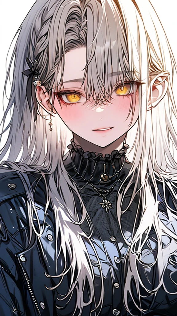 (Top resolution、Distinct_image)top-quality、A girl、masterpiece、highly detailed, half body, Semi-realistic、yellow eyes 、18year old, silver hairs ,young 、Exquisite facial features、Facial features ,variation potrait, long hairstyles, , teenage, cool , cold sharp eyes, An expression of despair., Torn clothes, destroyed clothes, damaged clothing, all dirty, dirty, dirt, lifeless eyes, blood on face, , {Very detailed 8k CG unit wallpaper}, Handsome, solo, female, mafia, black shirt, white pant, white coat,