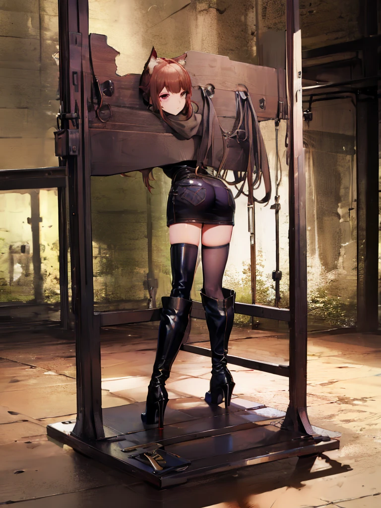 posture:Leaning forward,prison,Head yoke,Guillotine Restraint,BDSM,whole body,Beastman,Wolf,Shota,hoodie,cargo pants,Knee-high boots,Stiletto heels,solo