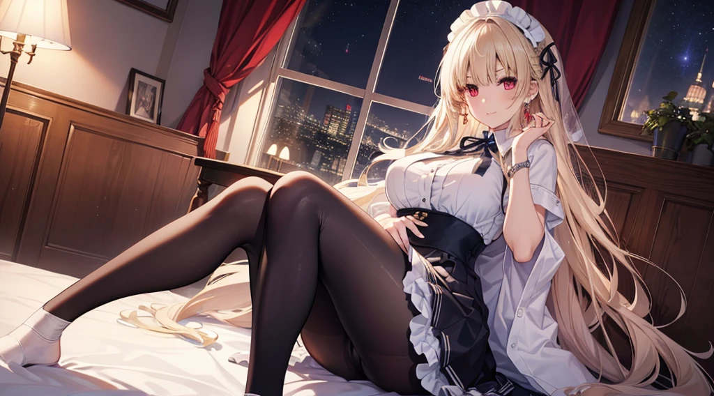 Highest quality, masterpiece, figure, wallpaper,One girl,White shirt, Light Hair, Beautiful detailed girl, Highly detailed eyes and face, Beautiful attention to detail, Shine,Browsing Caution, View your viewers, bed, night, Black Pantyhose, Straight hair, Red Eyes, long hair,Blonde, thick_Thighs, Large Breasts, Red eyes,Sitting,beautiful finger, clear background, deep night, Lying down、smile、Big earrings、bracelet