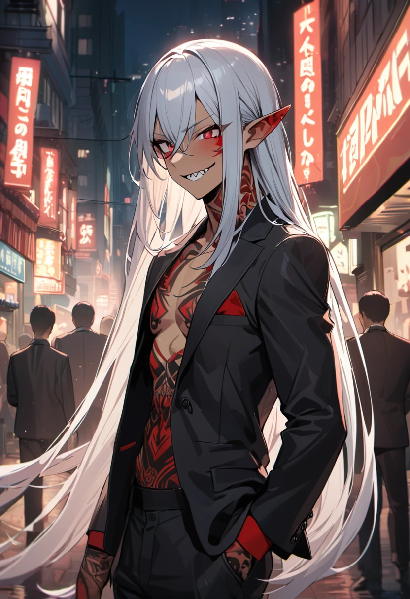 Boy, white hair, long straight hair, red eyes, wild smile, sharp teeth, pointed ears, beige skin, black stylish suit, red tribal tattoos, red facial tattoo, night on the streets, high details, high quality, 4K, anatomically correct