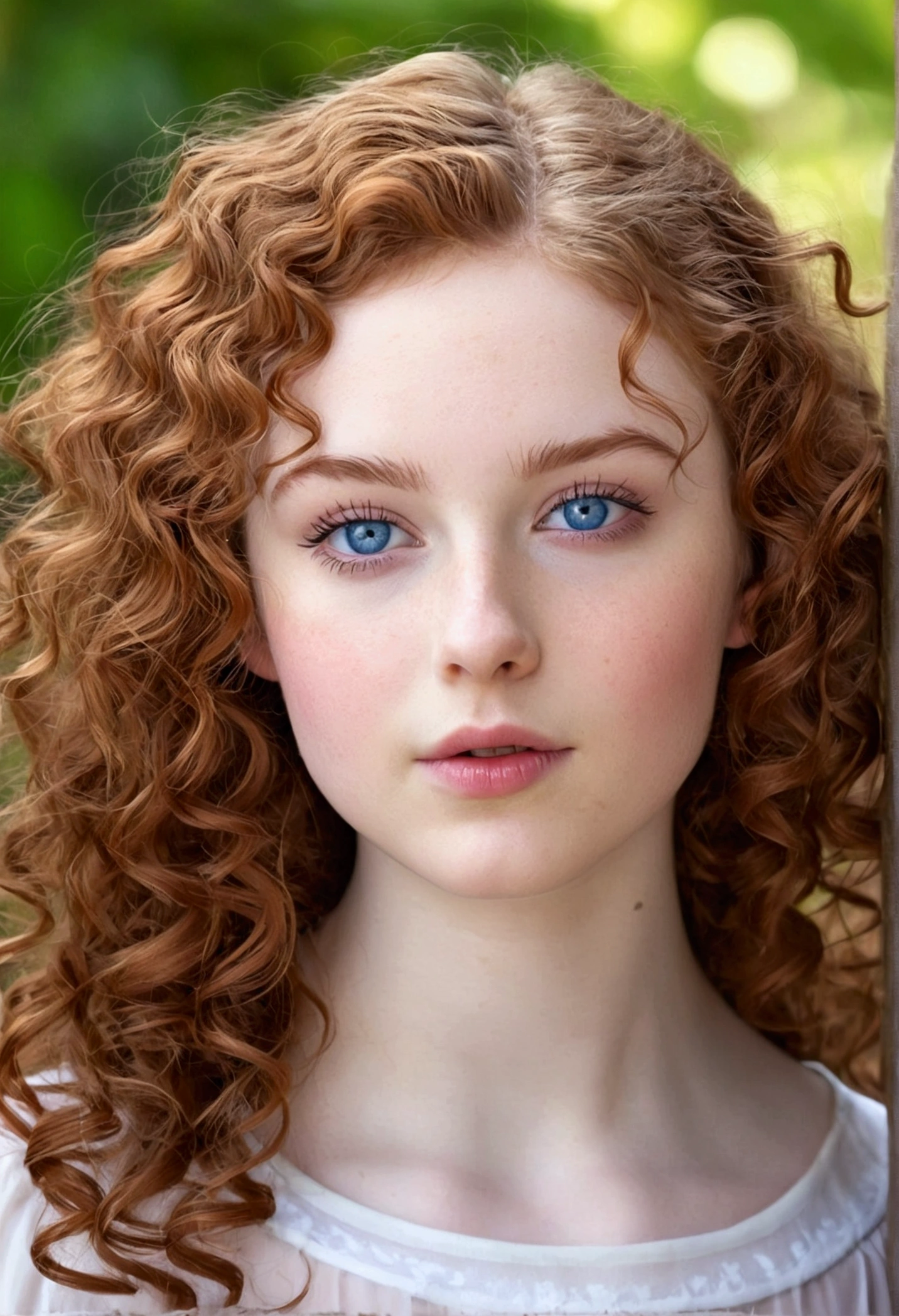 Teenage woman representing spring. Curly, auburn hair that reaches below the waist. Luminously pale face. deep blue eyes. Eyebrows and eyelashes of the same hair color. nose (fine and thin), marbled chin and neck. fleshy mouth, fresh and plump like a raspberry, with a fold in the lower lip.