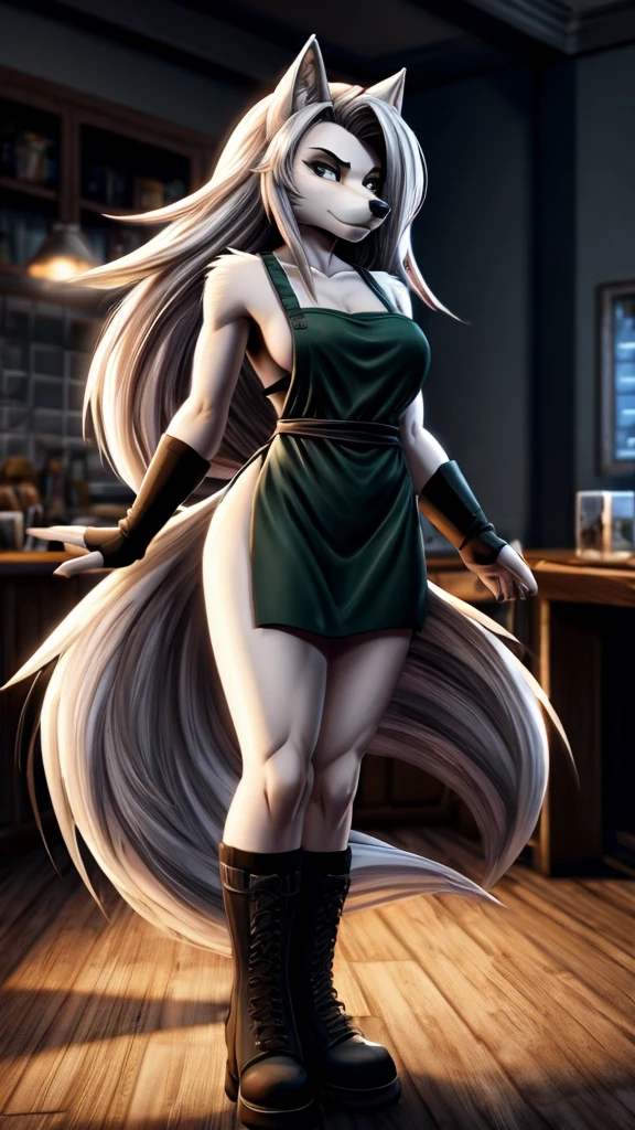 Loona from Helluva Boss, female wolf, white soft hair, grey eyes, mature adult, tall, wearing green shirt, dark green pants, black shoes, along with a green apron, she is a serial killer, omnious, dark lighting, standing, solo, beautiful, high quality, anime style, 4K