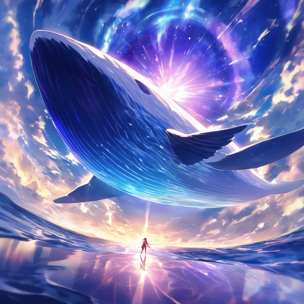 In a futuristic metropolis hovering above the clouds, a majestic whale soars through the purple and blue nebulas, its iridescent scales glistening in the radiant sunlight. A wispy mist wraps around the cityscape, as a cloud of swirling steam rises from the mystical sea below. The masterpiece is set against an ultra-detailed 8K background, with each element meticulously rendered in stunning high resolution.