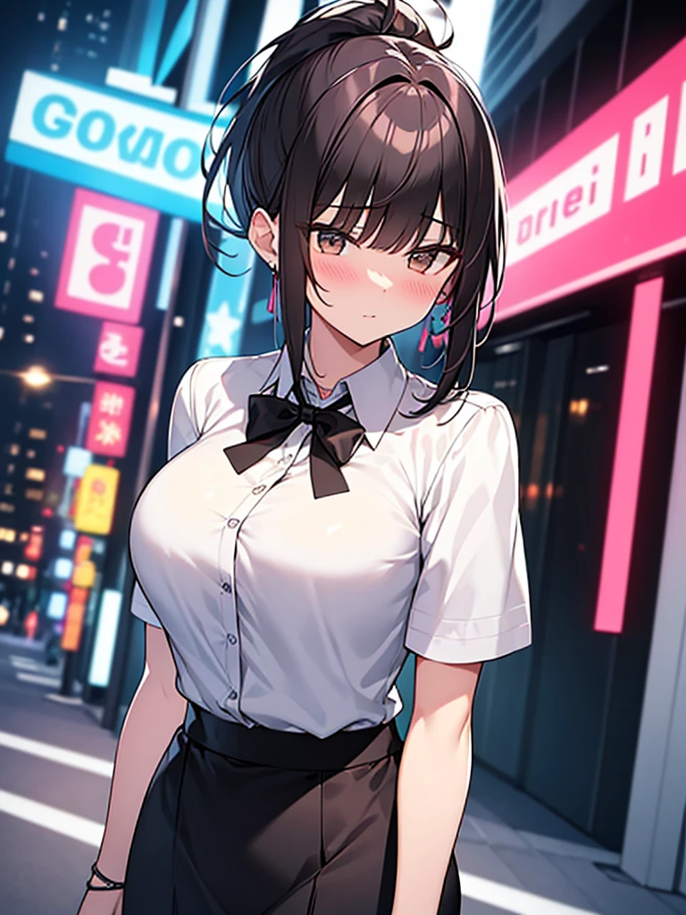 Big breasts No tie Open chest Confused Blushing Ponytail Confused Tall woman:1.9 Cowboy shot Night hotel district In front of a love hotel Neon sign Standing White collared shirt, short sleeves Black skirt Short black hair Ponytail:2.4 Straight hair Hair tie Sweep bangs to the side:1.9. Slanted eyes, brown eyes, tall, strong-willed, beautiful woman, heart mark, Kan mark sign