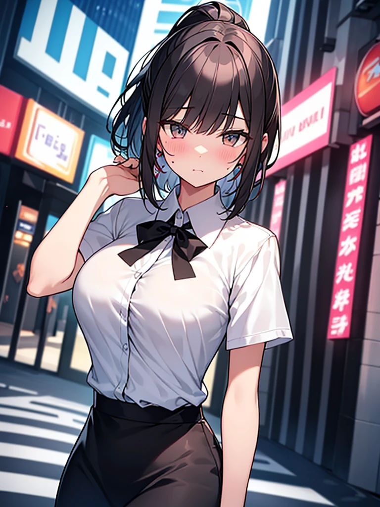 Big breasts No tie Open chest Confused Blushing Ponytail Confused Tall woman:1.9 Cowboy shot Night hotel district In front of a love hotel Neon sign Standing White collared shirt, short sleeves Black skirt Short black hair Ponytail:2.4 Straight hair Hair tie Sweep bangs to the side:1.9. Slanted eyes, brown eyes, tall, strong-willed, beautiful woman, heart mark, Kan mark sign