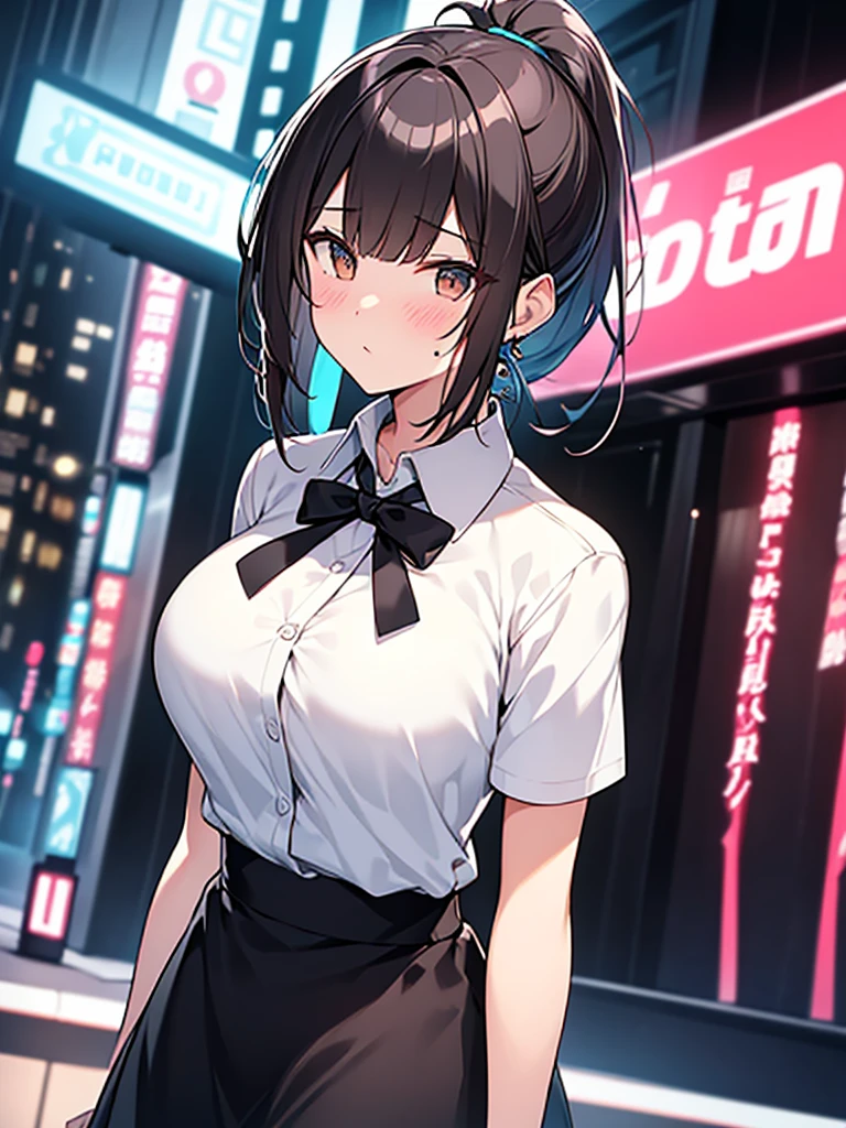 Big breasts No tie Open chest Confused Blushing Ponytail Confused Tall woman:1.9 Cowboy shot Night hotel district In front of a love hotel Neon sign Standing White collared shirt, short sleeves Black skirt Short black hair Ponytail:2.4 Straight hair Hair tie Sweep bangs to the side:1.9. Slanted eyes, brown eyes, tall, strong-willed, beautiful woman, heart mark, Kan mark sign