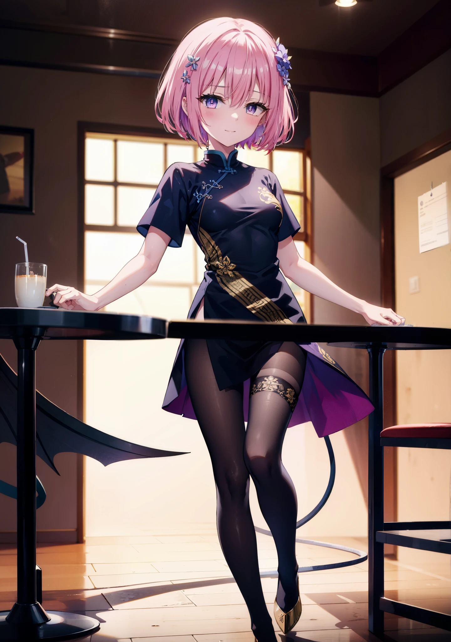 Momodebilke, Deviluke Type, demon tail, Hair Flower, hair ornaments, happy smile, smile, Open your mouth,blush,(Purple eyes:1.1), Pink Hair, short hair, tail, smile,Chinese clothing,slit,Black pantyhose,Stiletto heels,Walking,Cafe, remainder, food, drink, Tables and chairs, cleaning, tray, tray in one handwhole bodyがイラストに入るように,
break indoors, Chinese style coffee shop,
break looking at viewer, whole body,
break (masterpiece:1.2), Highest quality, High resolution, unity 8k wallpaper, (figure:0.8), (beautiful detailed eyes:1.6), extremely detailed face, Perfect lighting, extremely detailed CG, (Perfect hands, Perfect Anatomy),