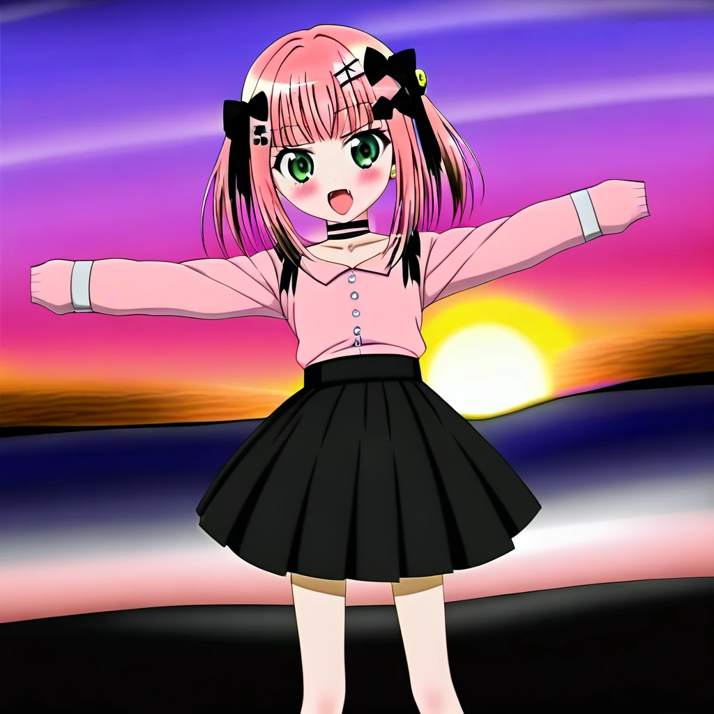 score_9, score_8_up, score_7_up, score_6_up, score_5_up, score_4_up, source_anime, clip skip:2,
,Top quality, masterpiece, chibi character, peal purple and blunt bangs hair, twin braids, green eyes, blushing,fangs,(a girl with closs hair pin,
pink shirt,cosplay, jirai kei, bangs, black skirt, black bow, looking at viewer, bow, long sleeves, choker, ribbon,fullbody shot :1.4),sunset,