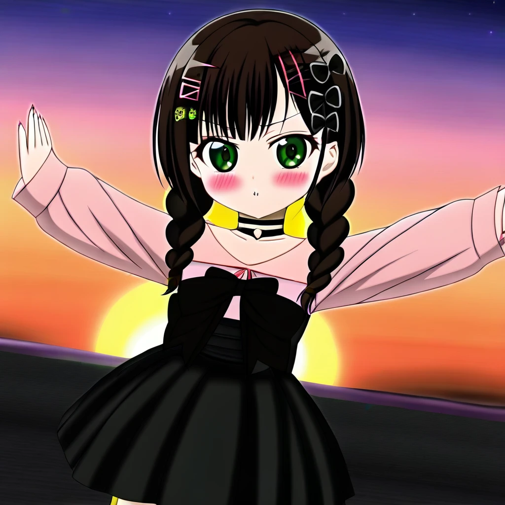 score_9, score_8_up, score_7_up, score_6_up, score_5_up, score_4_up, source_anime, clip skip:2,
,Top quality, masterpiece, chibi character, peal purple and blunt bangs hair, twin braids, green eyes, blushing,fangs,(a girl with closs hair pin,
pink shirt,cosplay, jirai kei, bangs, black skirt, black bow, looking at viewer, bow, long sleeves, choker, ribbon,fullbody shot :1.4),sunset,