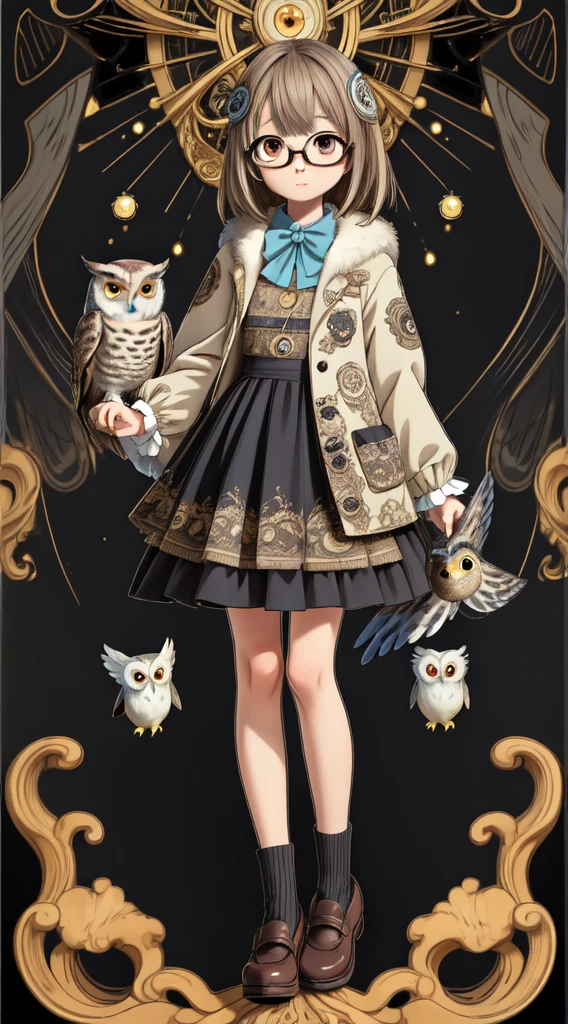 a girl with glasses, Realistic girl face, surrounded by many owls, baroque, anime aesthetic, giant owl, owl fills the image, black background, fish eye shot,artistic conception scene,estilo yuko shimizu, Emily came with her husband., marca catesby