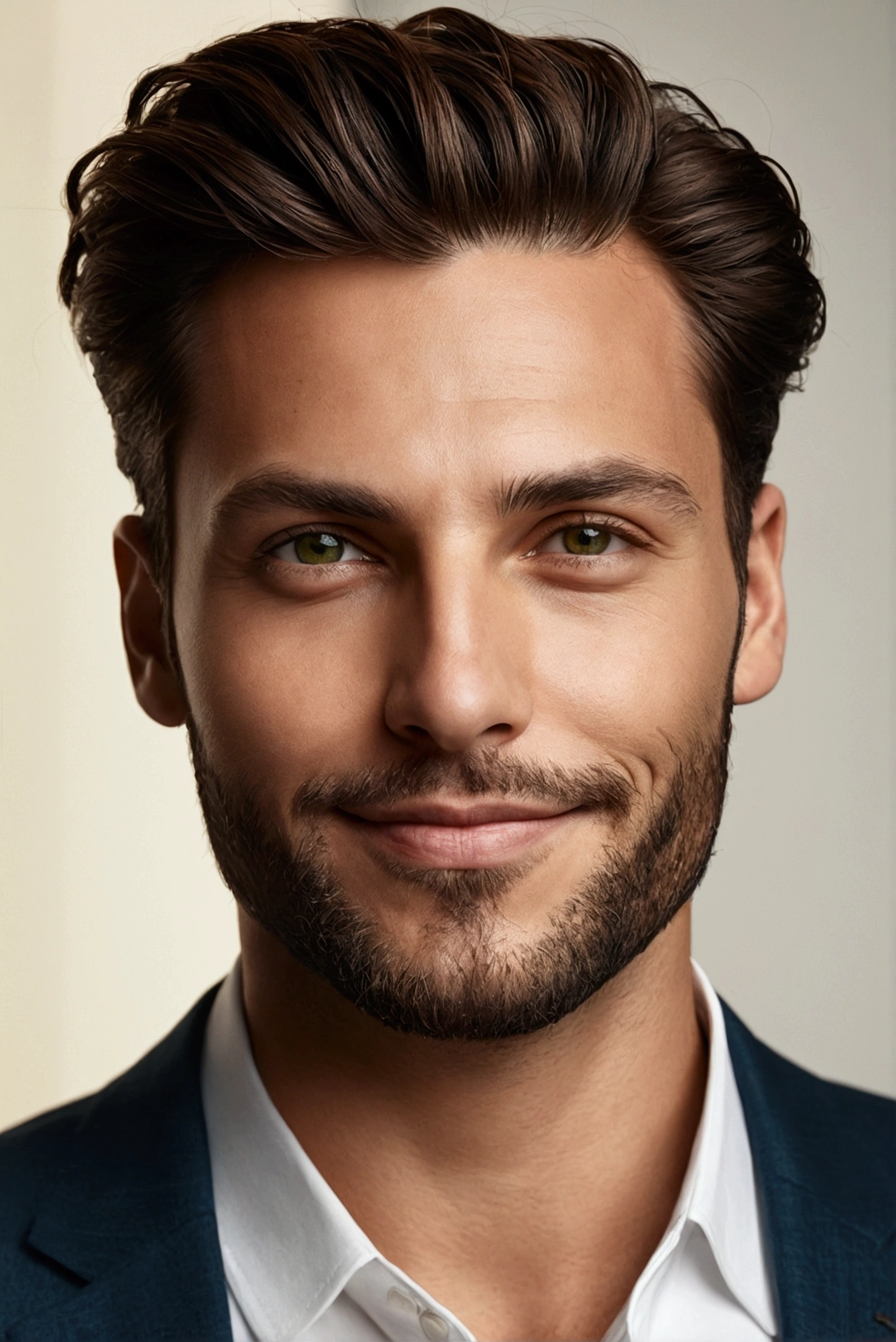 A stunning, high-resolution portrait of a charismatic 32-year-old man With a symmetrical face shape, with a captivating smile, penetrating gaze, and greenish brown eyes, framed by a well-groomed brown quiff and trimmed beard. The man exudes an air of self-assuredness and goodness, symbolizing his millionaire status, captured in a masterful and detailed Realistic style reminiscent of Imogen Cunningham and Sølve Sundsbø., depth of field, super detail, high quality, highres, 8k, best quality, high details, textured skin