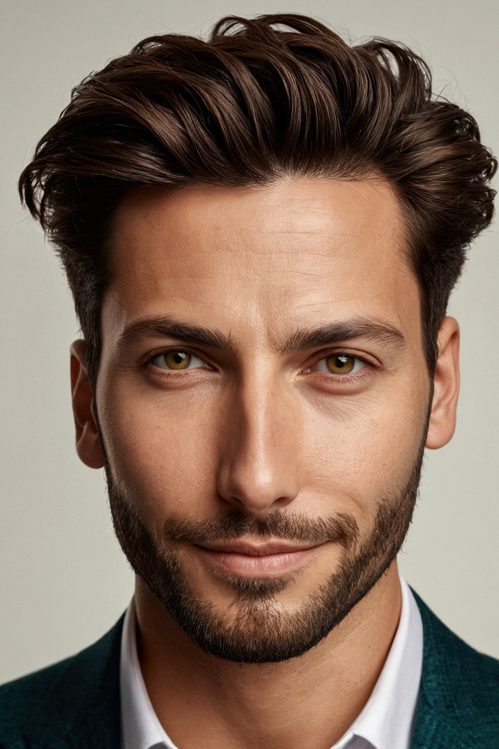 A stunning, high-resolution portrait of a charismatic 32-year-old man With a symmetrical face shape, with a captivating smile, penetrating gaze, and greenish brown eyes, framed by a well-groomed brown quiff and trimmed beard. The man exudes an air of self-assuredness and goodness, symbolizing his millionaire status, captured in a masterful and detailed Realistic style reminiscent of Imogen Cunningham and Sølve Sundsbø., depth of field, super detail, high quality, highres, 8k, best quality, high details, textured skin