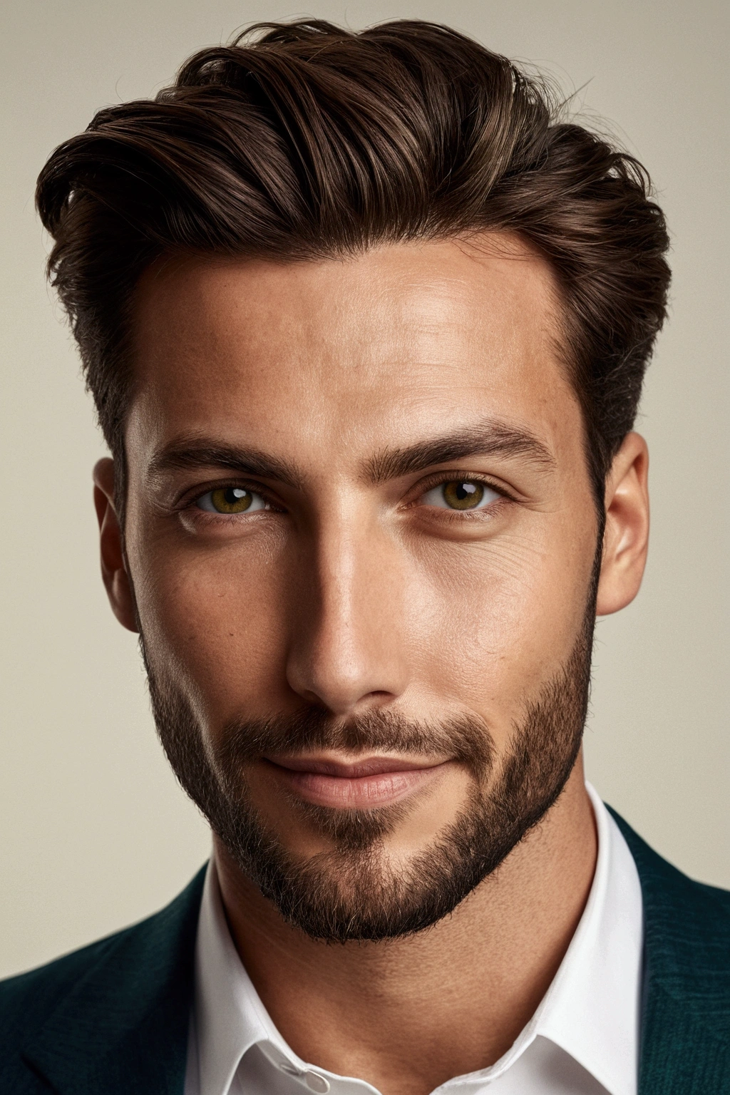 A stunning, high-resolution portrait of a charismatic 32-year-old man With a symmetrical face shape, with a captivating smile, penetrating gaze, and greenish brown eyes, framed by a well-groomed brown quiff and trimmed beard. The man exudes an air of self-assuredness and goodness, symbolizing his millionaire status, captured in a masterful and detailed Realistic style reminiscent of Imogen Cunningham and Sølve Sundsbø., depth of field, super detail, high quality, highres, 8k, best quality, high details, textured skin