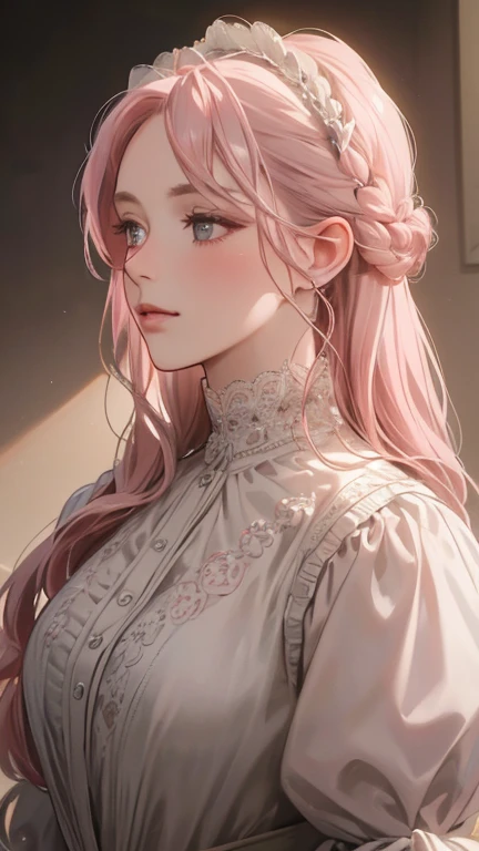 masterpiece, best quality, Practical, (absurd, High resolution, Super detailed), victorian era, Europe in the 18th century,noble,gray pink hair color,braid, Delicate and meticulous, 8K, Reality, Dramatic Lighting, high quality, Complex design, classical portrait, enlarged texture, Exquisite details