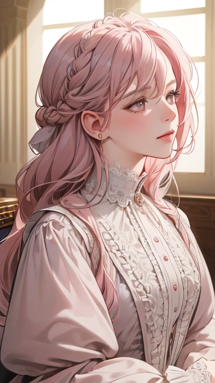 masterpiece, best quality, Practical, (absurd, High resolution, Super detailed), victorian era, Europe in the 18th century,noble,gray pink hair color,braid, Delicate and meticulous, 8K, Reality, Dramatic Lighting, high quality, Complex design, classical portrait, enlarged texture, Exquisite details