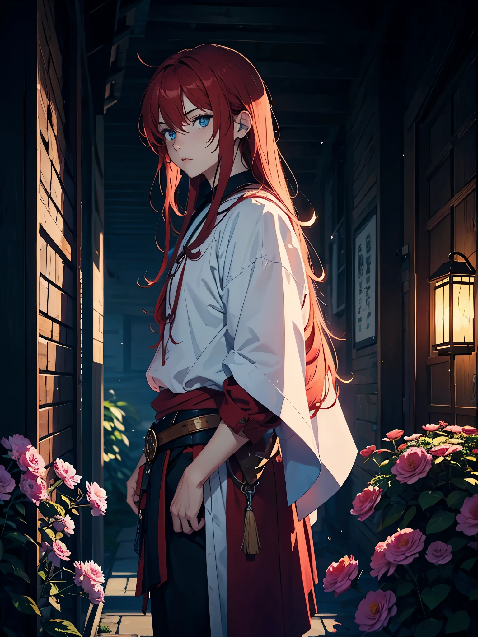 Blaue flammen. With flowers. With mohnblume. More anime. 2d. Glow. Red hair. More anime. male. Long hair. long red hair. boy, vikings. red hair. blue eyes. 火.