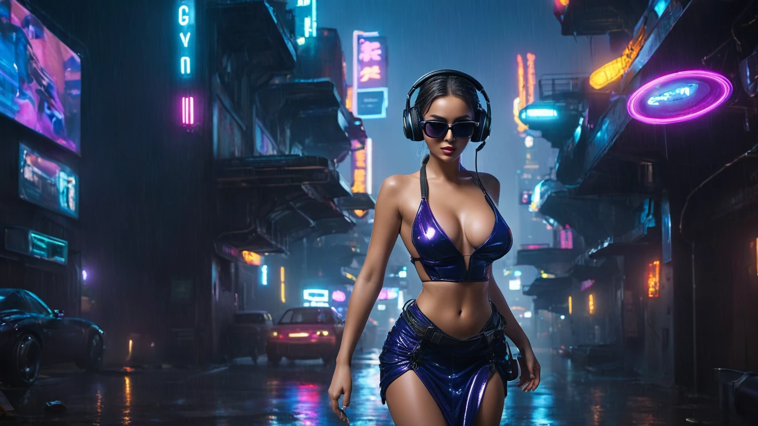 (aerial view, a flying cars docking platform, a very dark abandoned futuristic city, neon lights), rainy night. (((1girl, solo, alone))), large-breast:1.2 slim body, cleavage:1.1, sexy wind blowing wet dress:1.4, (((headphone, black sunglasses, standing and holding pistol:1.8, dynamic rushing pose))), (((((half-body thigh level medium shot))))), cinematic lighting, lens flare, ray tracing.