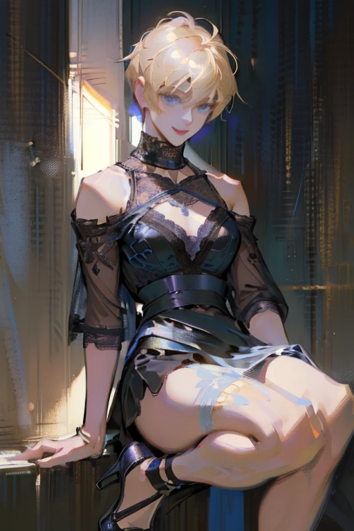 (rule of thirds:1.4), ((ultra realistic illustration:1.2)),Athletic blonde woman, blue eyes, (short hair), tomboy, cute, ((smile)), sexy, smoky eye, choker, sheer lace black lingerie, high heels.Masterpiece, best quality,(highly detailed:1.2),(detailed face and eyes:1.2), 8k wallpaper, depth of field, natural lighting. core shadows, high contrast, bokeh.