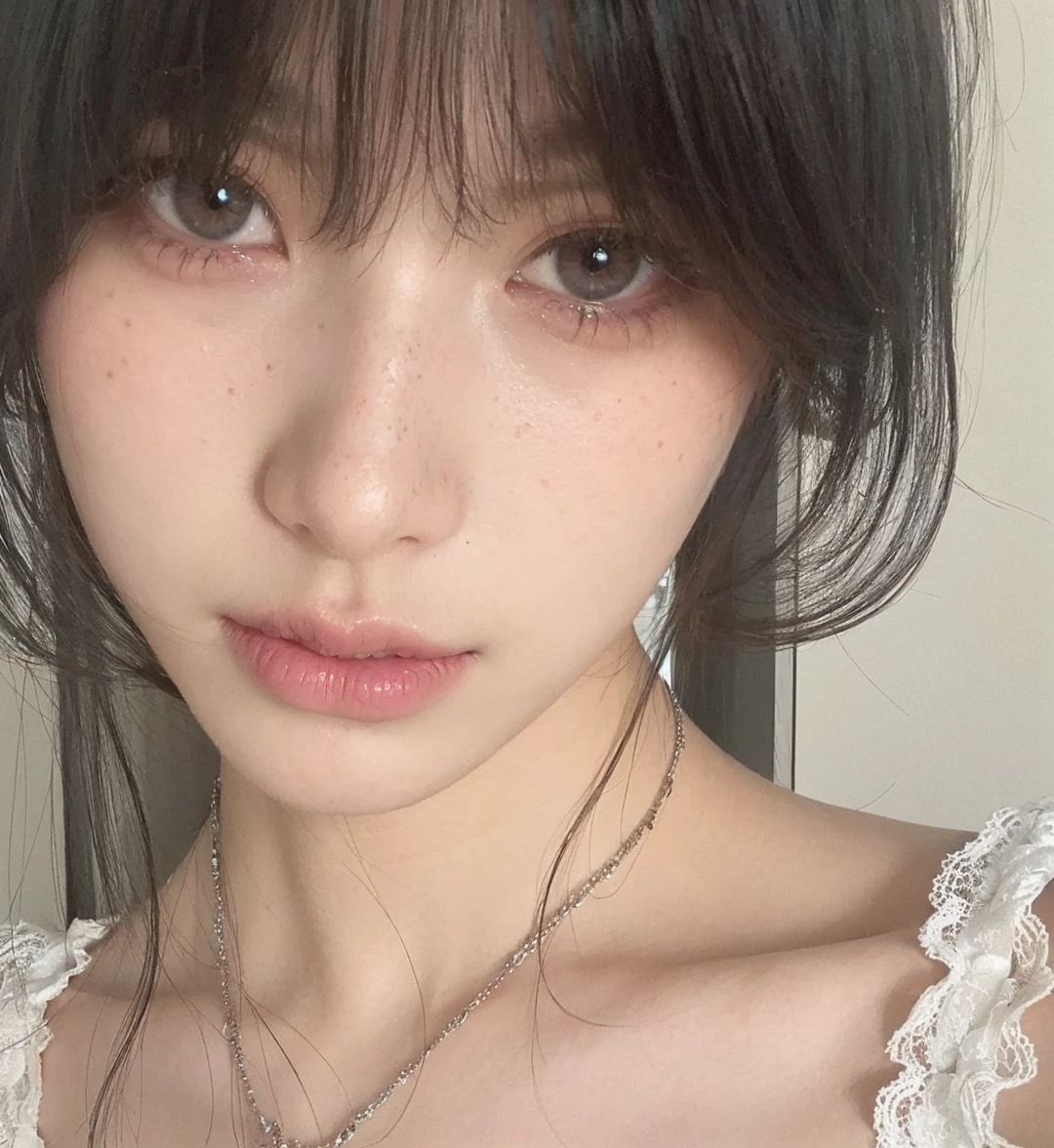 A closeup of a woman with long black hair, grayish blue eyes, thin face, pale skin pastel pink, South Korean popular makeup, freckles on the cheeks