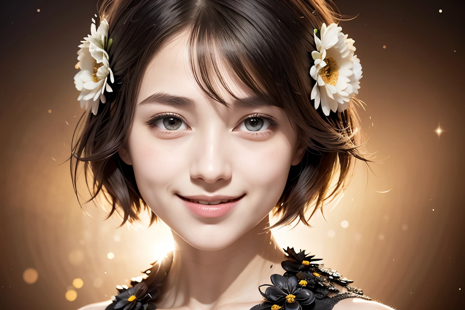 257 20-year-old female, (short hair),(Abstract background,Fractal Art), smile, flower