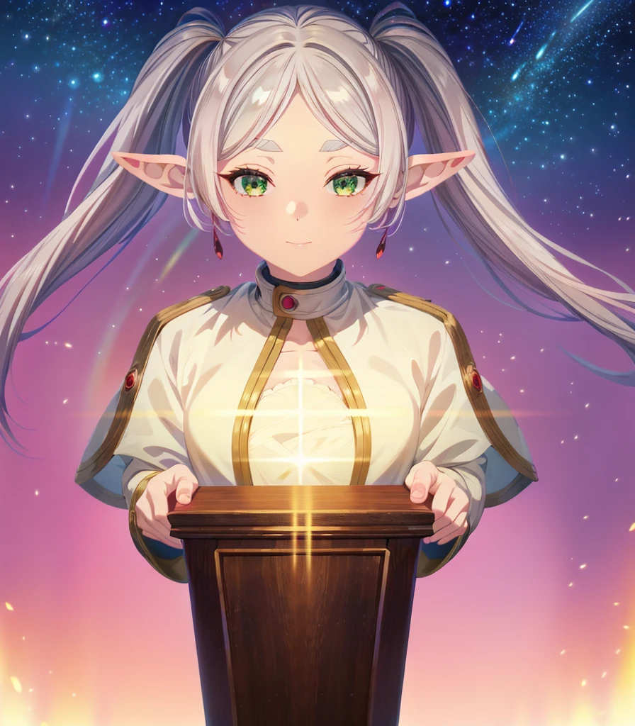 Elf Girl,White hair in twin tails、White robes and skirts、black tights、Brown boots,Green Eyes,Parted bangs,Thick eyebrows,beautiful Finger,beautiful character design, Official Art,非常に精細なCG Unity 8k壁紙, Perfect Lighting,colorful, bright_front_face_Lighting,Glowing Skin, (Tabletop:1.0),(Highest_quality:1.0), 超High resolution,4K,Very detailed, photograph, 8k, Hmph, High resolution, Lens flare, (beautiful_face:1.5),(narrow_Waist), High resolution,Tabletop,Highestquality, With a magician's wand in his hand、Medieval streetscape,freeze