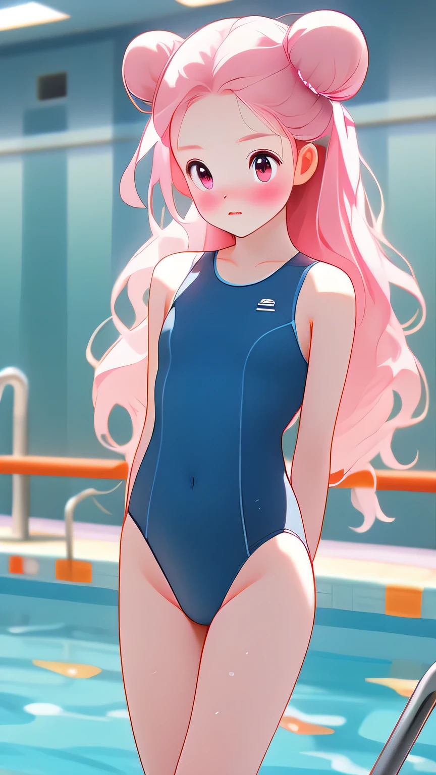 ((masterpiece))、(((Highest quality)))、((Super detailed))、((An illustration))、Attention to detail、Highly detailed CG Unity 8k、High resolution、美しいAttention to detail目、Attention to detail、美しいAttention to detail目,Anime girl screen capture,cute,Very short stature,Thin thighs,Baby Face, (Hair Ribbon:0.4), Pink Eyes,(((White bun hair))),(((Long pink hair))),Navy school swimsuit,School swimming pool,I hate swimming lessons,