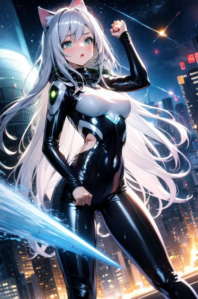 A silver-haired beautiful girl with cat ears eyes are green hair is silver and long clothes: a form-fitting black combat suit The fist is an afterimage The background is a city at night her is in a cat-like fighting pose The year is 14 years monitor, Dark Night, Sweat, Steam of Exhalation, Space, Battle, Dynamic Angle one girl
