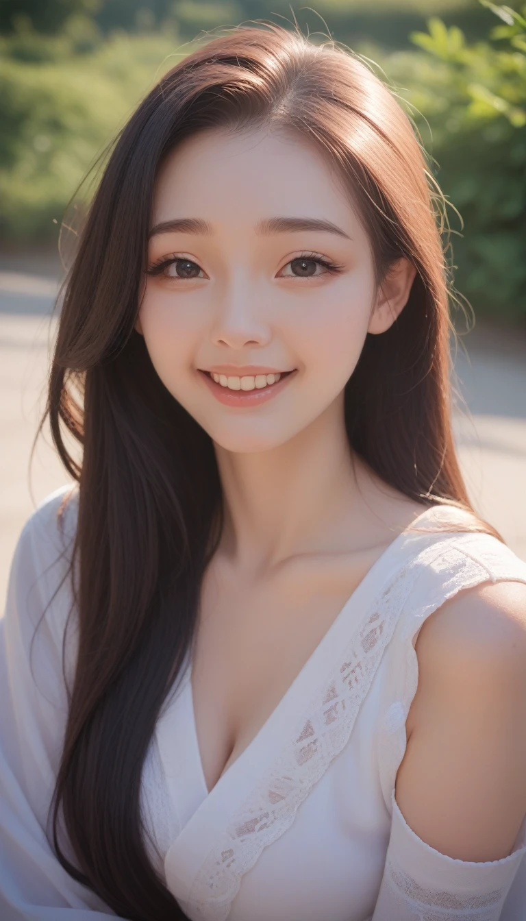 score_9_up, score_8_up, score_7_up, score_6_up,woman poses for a photo, lol, Happy, Long hair, Straight Hair, Delicate skin, daytime, Hot summer day, Natural lighting, Delicate face:1.2, Clear focus, Hasselblad Photography, masterpiece, Light makeup, light, 4K, best quality