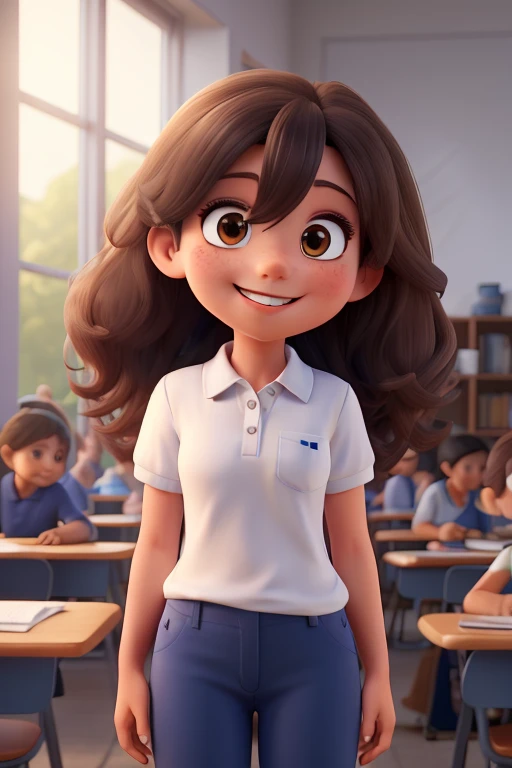 A girl with a white polo shirt and a double collar, a dark blue thick shirt, a thick white shirt, tanned brown skin, a happy student, light brown eyes, long straight black hair, a cute smile, blue pants, a studious girl, she is short and a little fat.