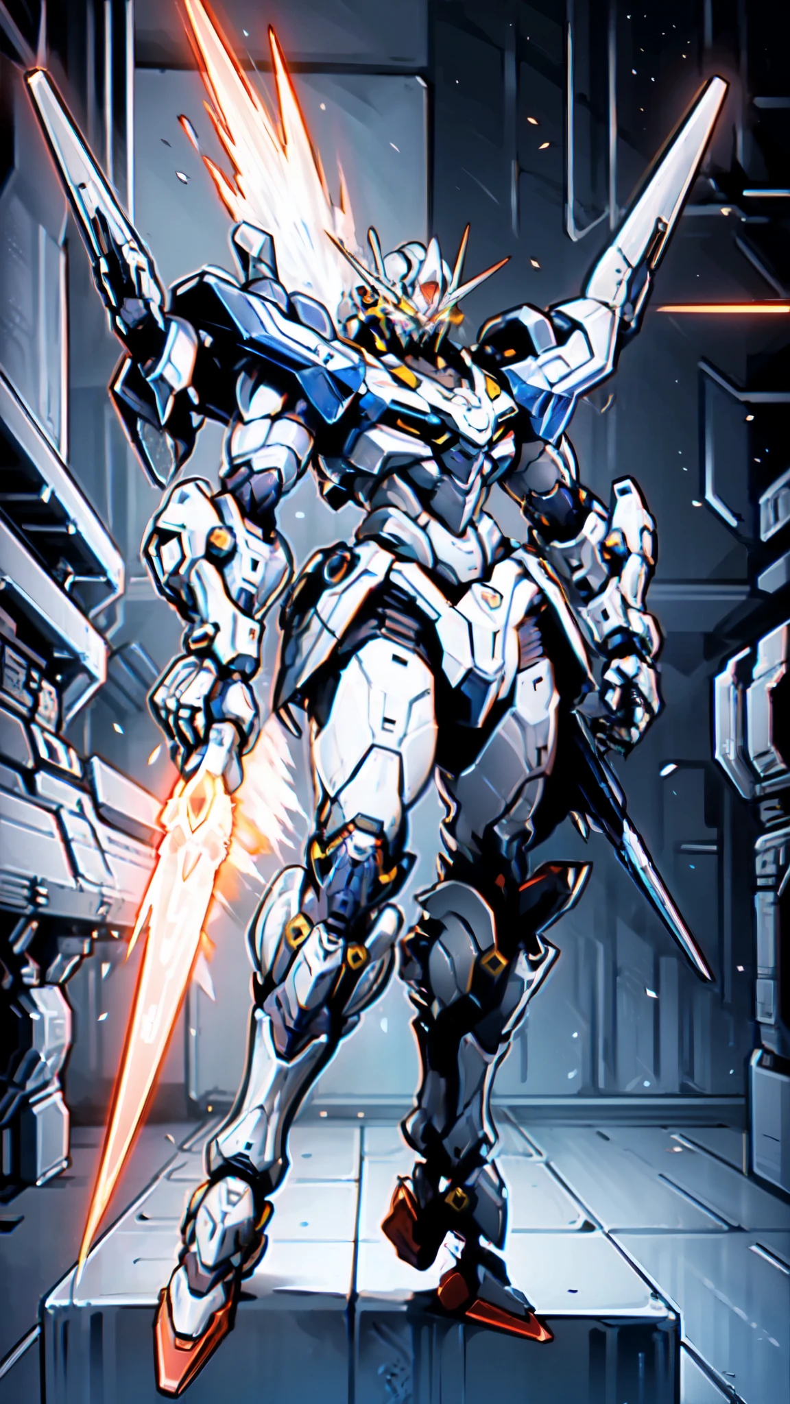 (masterpiece:1.5, best quality:1.5, extremely delicate:1.5), humanoid Mecha, fully enclosed shoulder guards, matching arm and leg guards, full body, full armor, the design balances heavy with agility, (the color scheme is primarily white with red and blue accents, the concept Inspired by Super robot, organic biotech armor, standing, floating high above the futuristic sci-fi city), exquisite and mature art style, (aura effect, energy, glowing eyes, the armor glows), metallic, dramatic, high definition, highres, ultra-detailed, ultra-fine painting, professional, perfect body proportions, anatomically correct, symmetrical face, extremely detailed eyes and face, high quality eyes, creativity, RAW photo, UHD, 32k, Natural light, cinematic lighting, masterpiece-anatomy-perfect