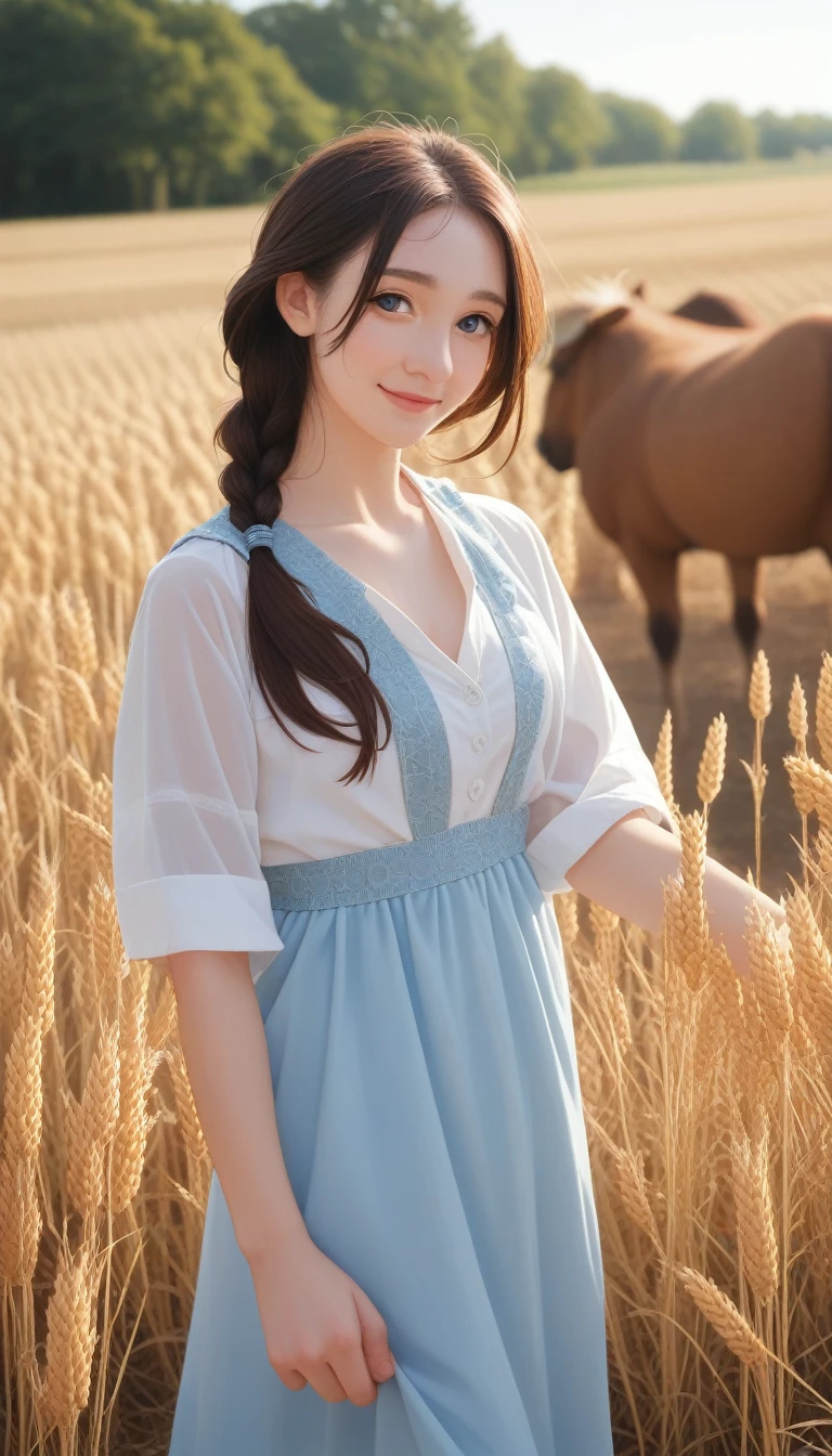 score_9_up, score_8_up, score_7_up, score_6_up,1 Girl, 20 years old, Tall，Glamorous, Wear a cute country dress, Hair braiding, Standing in a rustic farm setting. She has a soft, gentle smile and expressive eyes. Charming barn in the background, Golden wheat fields and clear blue sky. The composition should be bathed in warm golden hour light, Gentle depth of field and soft bokeh highlight the idyllic tranquility. Capture images，Just like shooting with old 35mm film，Add charm, ,