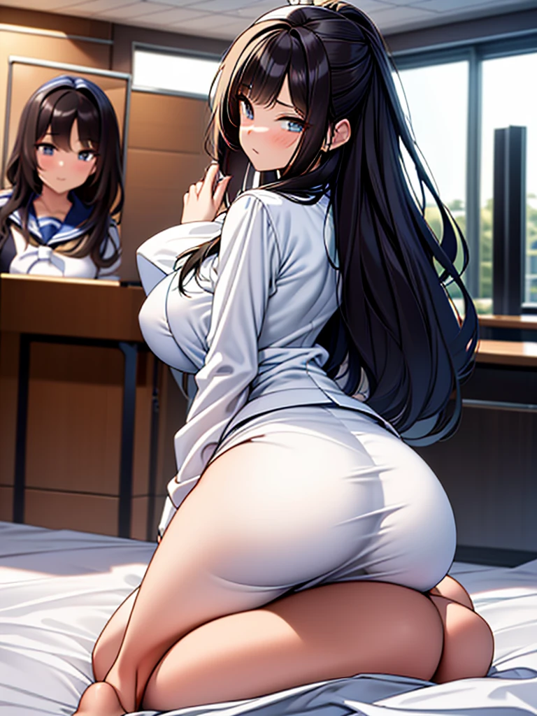 NSFW:1.9 Side view composition Ponytail:1.9. Classroom Sex from behind:1.9 On all fours:1.9 tall women:1.9 Penis inserted into pussy:1.I&#39;m lying face down on the 9th page:1.9 Tall, well-built, adult woman, bottom view, white summer sailor uniform, navy blue skirt, short black hair, ponytail:1.9 Long hair Straight hair Hair tie Swept bangs to the side:1.9. Slanted eyes, brown eyes, tall, strong-willed, beautiful, large breasts, white underwear