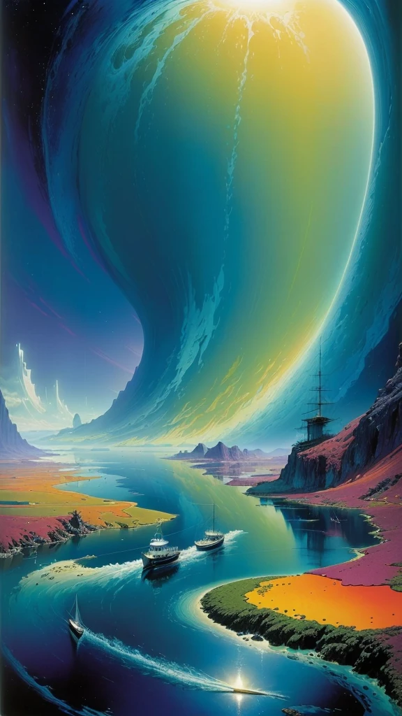 A colorful landscape painting，There is a boat in the water, michael whelan 和 gustave done, Angus Mackey, Paul Lyell and Beeple, author：Ken Danby, author Paul Lehr, Greg Beeple, tim white art.  Megapixels, chris moore”, Edwards Poster Art, author：Chris Moore, Inspired by Tim White