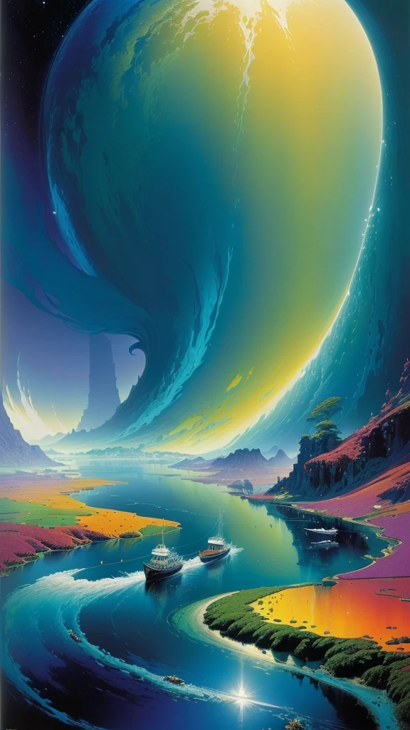 A colorful landscape painting，There is a boat in the water, michael whelan 和 gustave done, Angus Mackey, Paul Lyell and Beeple, author：Ken Danby, author Paul Lehr, Greg Beeple, tim white art.  Megapixels, chris moore”, Edwards Poster Art, author：Chris Moore, Inspired by Tim White