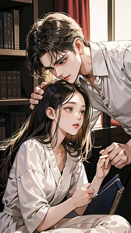 masterpiece, best quality, Practical, In the library of Alcott Manor，Alex and Nicholas share a quiet corner。A tradition of sharing book pages led Alex to《the art of love》Pass to Nicholas。When Nicholas read the verses，their relationship deepens，leading to an intimate kiss，Their emotions echoed in the silent night, (absurd, High resolution, Super detailed), facial details,Delicate and meticulous, 8K, Reality, Dramatic Lighting, high quality, Complex design, enlarged texture, Exquisite details