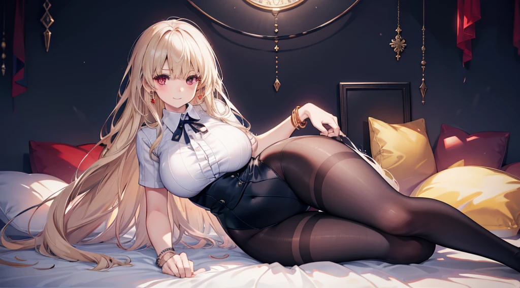 Highest quality, masterpiece, figure, wallpaper,One girl,White shirt, Light Hair, Beautiful detailed girl, Highly detailed eyes and face, Beautiful attention to detail, Shine,Browsing Caution, View your viewers, bed, night, Black Pantyhose, Straight hair, Red Eyes, long hair,Blonde, thick_Thighs, Large Breasts, Red eyes,Sitting,beautiful finger, clear background, deep night, Lying down、smile、Big earrings、bracelet