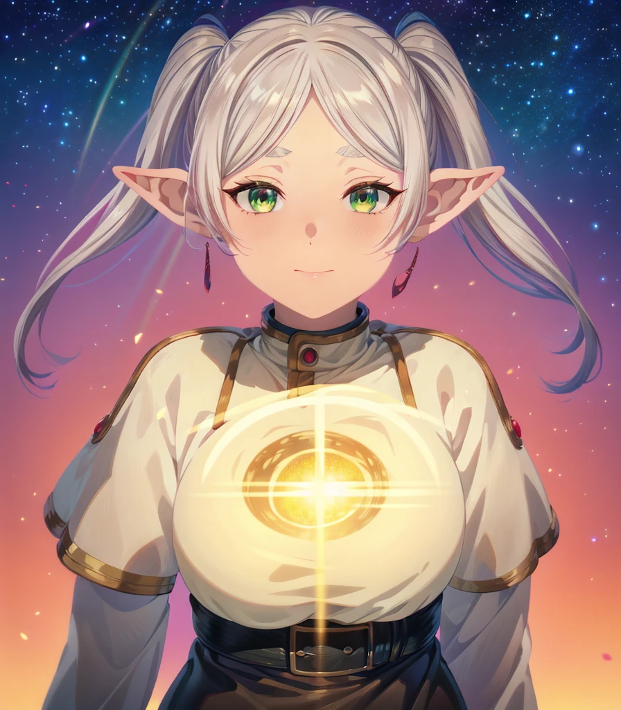 Elf Girl,White hair in twin tails、White robes and skirts、black tights、Brown boots,Green Eyes,Parted bangs,Thick eyebrows,beautiful Finger,beautiful character design, Official Art,非常に精細なCG Unity 8k壁紙, Perfect Lighting,colorful, bright_front_face_Lighting,Glowing Skin, (Tabletop:1.0),(Highest_quality:1.0), 超High resolution,4K,Very detailed, photograph, 8k, Hmph, High resolution, Lens flare, (beautiful_face:1.5),(narrow_Waist), High resolution,Tabletop,Highestquality, With a magician's wand in his hand、Medieval streetscape,freeze