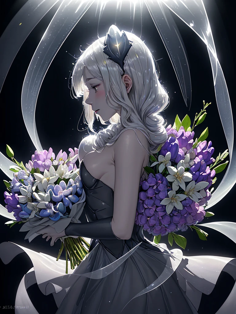 Bouquet of delicate flowers hyacinths, super transparent, holy light, beautiful spectral light, Petals glow, shiny, dark background, transparent light drops, reflective light, bright, light flowing in, Optics, Portrait profile, keen focus, magical, complicated, ultra realist, Fantasies, Komposition, light, Trend in Artstation, Pearl, silver steam patronus cloud, Family of corrosive enveloping rays, 8k, ureal air 23v4 uplight  