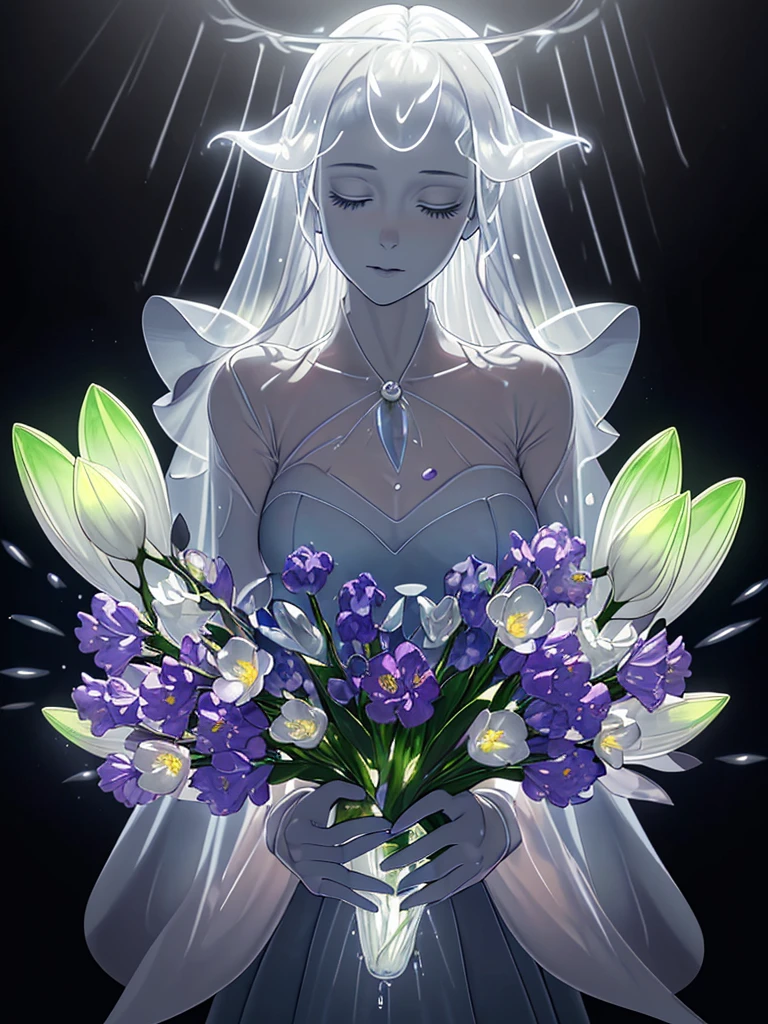 Bouquet of delicate flowers hyacinths, super transparent, holy light, beautiful spectral light, Petals glow, shiny, dark background, transparent light drops, reflective light, bright, light flowing in, Optics, Portrait profile, keen focus, magical, complicated, ultra realist, Fantasies, Komposition, light, Trend in Artstation, Pearl, silver steam patronus cloud, Family of corrosive enveloping rays, 8k, ureal air 23v4 uplight