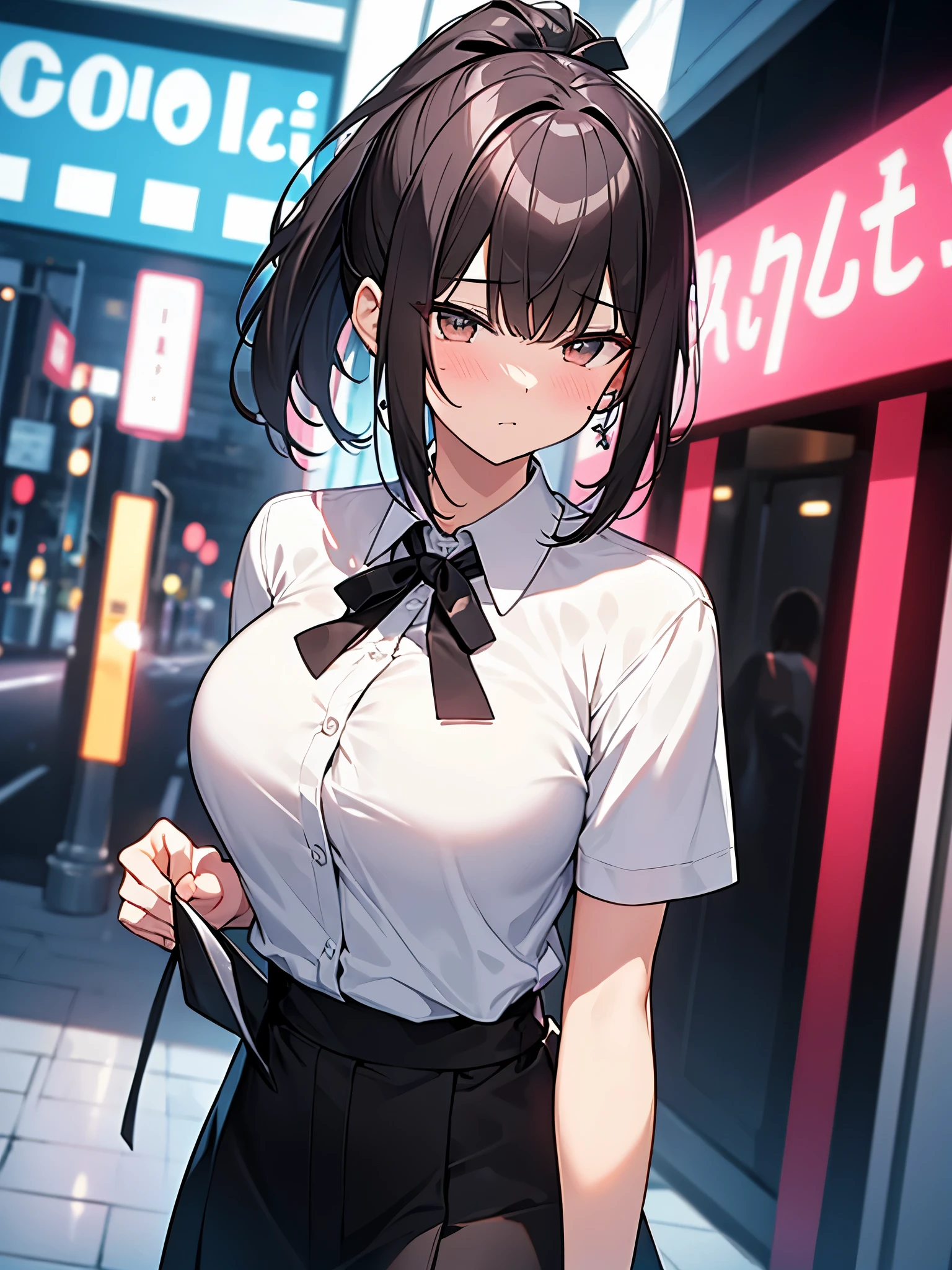 Big breasts No tie Open chest Confused Blushing Ponytail Confused Tall woman:1.9 Cowboy shot Night hotel district In front of a love hotel Neon sign Standing White collared shirt, short sleeves Black skirt Short black hair Ponytail:2.4 Straight hair Hair tie Sweep bangs to the side:1.9. Slanted eyes, brown eyes, tall, strong-willed, beautiful woman, heart mark, Kan mark sign