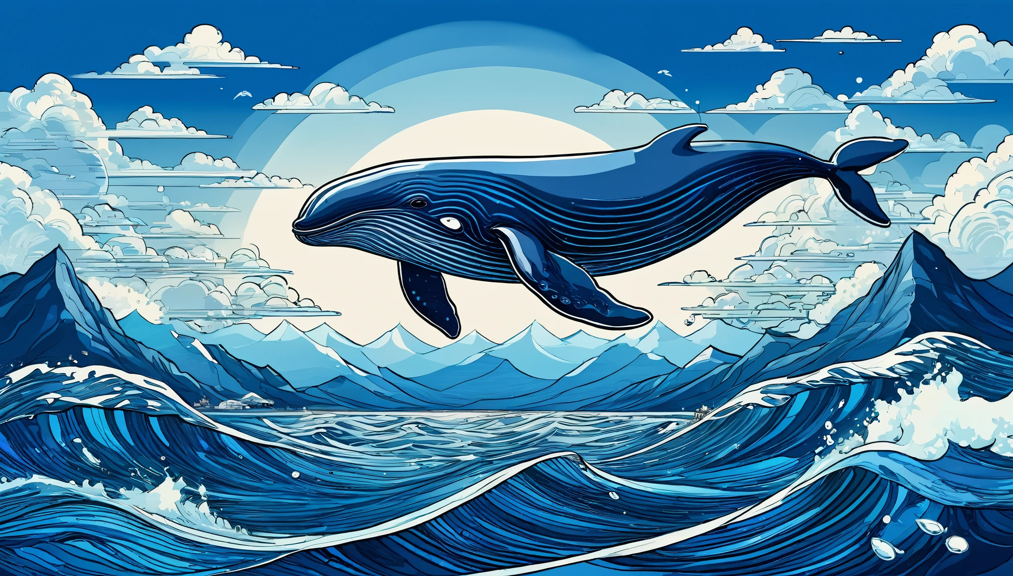 Illustration of Flying Whale, fantasy, whale flying high in the sky, blue theme, flying with fins spread, whale drawn in navy blue lines, blue sky, whale's shiny skin reflecting light, every detail drawn, flying fast, magnificent mountain Flying over a zone