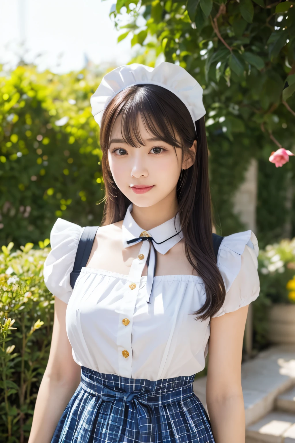 A young female character is standing wearing a maid costume.、Brightly lit interior with lush plants in the background。She has long, straight black hair with bangs.、She is wearing a blue plaid dress with gold buttons.、She is wearing a white sheer blouse with ruffled cuffs underneath。The dress has a fitted bodice and a white apron.、A pink ribbon is tied around the waist。Also、Wearing a white ruffled maid headband。Her face is soft and gentle、She has a slight smile and large, expressive brown eyes.。The lighting is bright、It creates a fresh and bright atmosphere.、Natural light from the left highlights her face and outfit.。In the background is a beautiful rose garden.、It enhances the indoor garden atmosphere of the scene.。