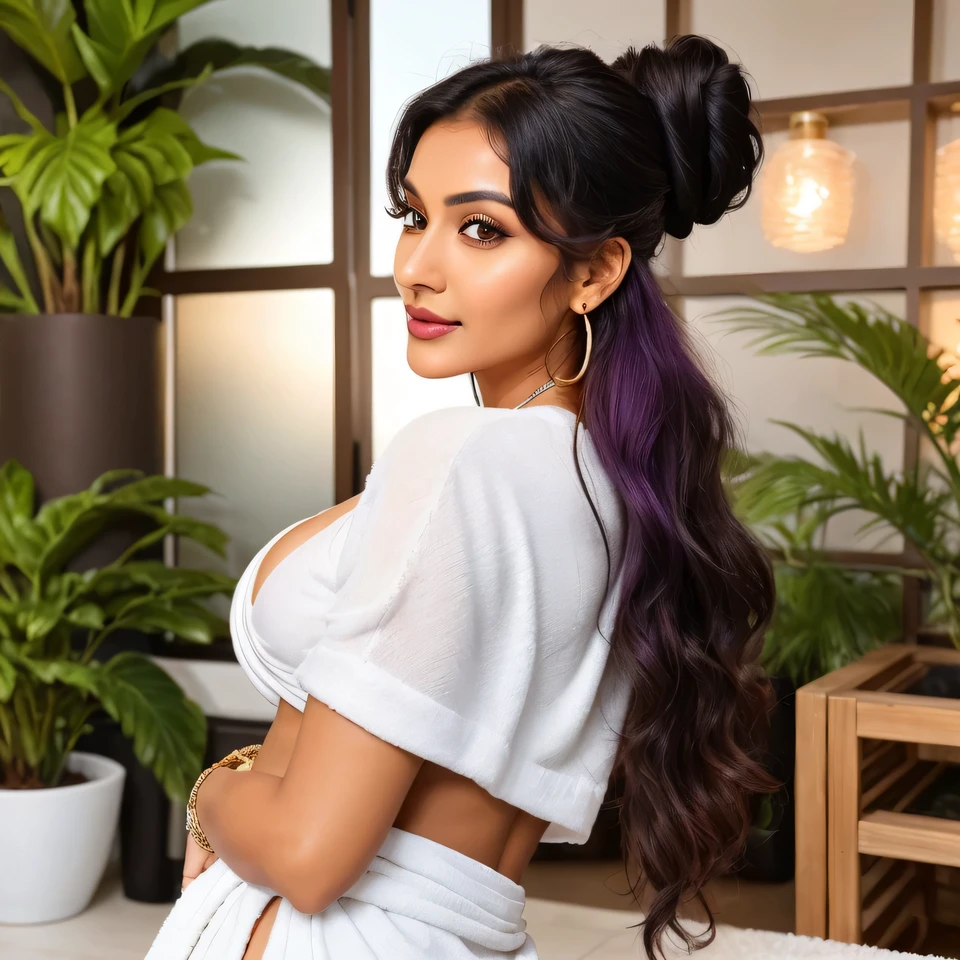 Create an ultra-realistic image of a modern, attractive female influencer of Indian descent, aged between 27 to 30. She should have a warm and inviting smile, expressive almond-shaped eyes with a slight shimmer, and clear, glowing skin with a medium brown complexion. Her features should be well-defined, with high cheekbones and a sharp jawline. Her hair should be a deep, reddish-purple hue that’s bold yet sophisticated, styled in an intricate updo with curls and volume. She should have a slender yet athletic build, reflecting a healthy and active lifestyle.
She is wearing a plush, white towel wrapped around her body, with a matching towel turban on her head, highlighting her toned figure and significantly increased bust size. Her outfit is completed with stylish black heeled sandals that add elegance to her look. She accessorizes with subtle yet chic jewelry, such as small hoop earrings and a few thin bangles.
The background should be a luxurious spa with ambient lighting, indoor plants, and massage tables, exuding relaxation and tranquility. Her overall appearance should exude confidence, approachability, and sophistication, capturing the essence of a contemporary Indian fashion influencer.