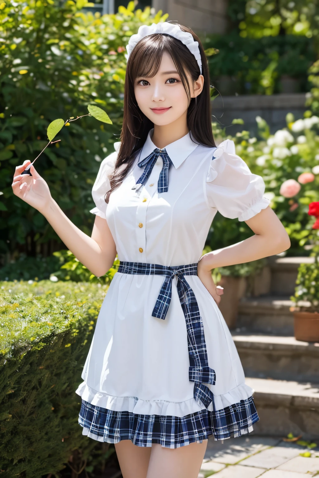 A young female character is standing wearing a maid costume.、Brightly lit interior with lush plants in the background。She has long, straight black hair with bangs.、She is wearing a blue plaid dress with gold buttons.、She is wearing a white sheer blouse with ruffled cuffs underneath。The dress has a fitted bodice and a white apron.、A pink ribbon is tied around the waist。Also、Wearing a white ruffled maid headband。Her face is soft and gentle、She has a slight smile and large, expressive brown eyes.。The lighting is bright、It creates a fresh and bright atmosphere.、Natural light from the left highlights her face and outfit.。In the background is a beautiful rose garden.、It enhances the indoor garden atmosphere of the scene.。