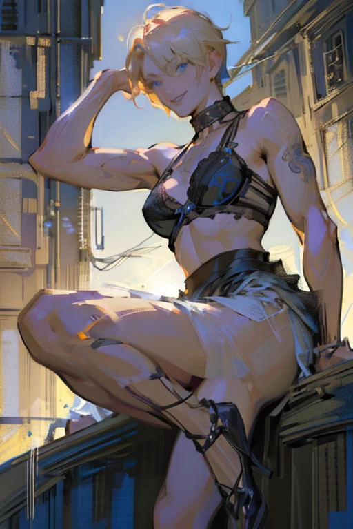 (rule of thirds:1.4), ((ultra realistic illustration:1.2)),Athletic blonde woman, blue eyes, (short hair), tomboy, cute, ((smile)), sexy, smoky eye, choker, sheer lace black bra and panties, high heels.Masterpiece, best quality,(highly detailed:1.2),(detailed face and eyes:1.2), 8k wallpaper, depth of field, natural lighting. core shadows, high contrast, bokeh.