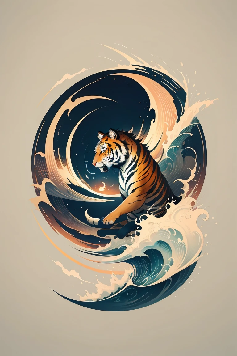 Calligraphy style, A Japanese tattoo, A traditional Japanese tattoo, Masterpiece, High quality, ultra details, A raging tiger with Japanese wave background, Upper arm tattoo,, Super detailed, professional design by tattoo artist, clouds with thunder effects,
