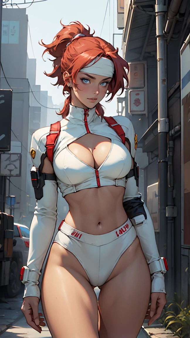 ((Masterpiece, highest quality; 1.3)), super quality, beautiful detail, super detailed, extra fine, 16K, exquisite, absurd, high resolution, beautiful background, detailed background, beautiful eyes, beautiful skin, anime style, Kay from Dirty Pair in a white outfit, tight outfit, cleavage, bushy redhead beauty, very light blue uniform, wearing tight clothes, skimpy, (mid chest: 1.2), cleavage, cleavage, slim waist , thin waist, slim thighs, thin legs, slim legs. thigh gap, showing stomach, skinny, thin hips, cyberpunk city background, holding retro space gun , headband, 