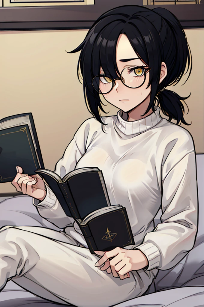 mature woman, hair over one eye, golden eyes, Tomboy, sitting on the ground, white sweater, black sweatpants, looking at viewer, bed, black short hair with a ponytail, books lying around, bedroom background, round glasses, bags under eyes, tired, reading a book