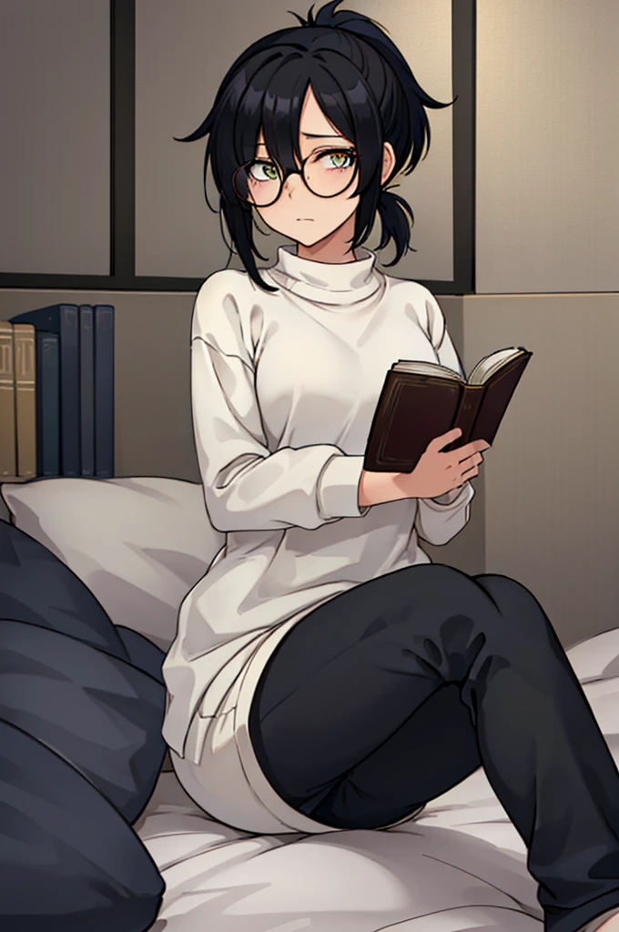 mature woman, hair over one eye, golden eyes, Tomboy, sitting on the ground, white sweater, black sweatpants, looking at viewer, bed, black short hair with a ponytail, books lying around, bedroom background, round glasses, bags under eyes, tired, reading a book